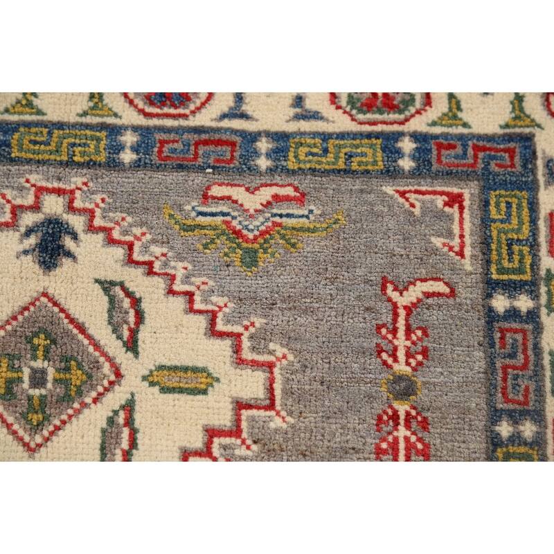 Gray Geometric Kazak Foyer Rug Hand-Knotted Oriental Wool Carpet - 2'8" x 4'1"