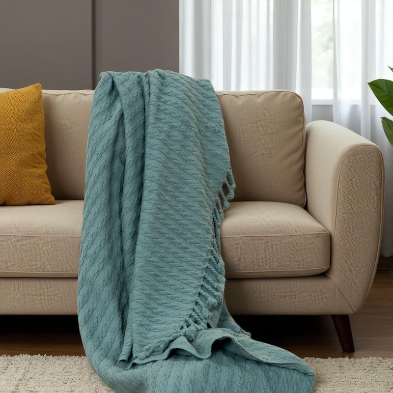 HomeRoots 50" X 60" Teal Cotton Cable Knit Throw Blanket with Tassels