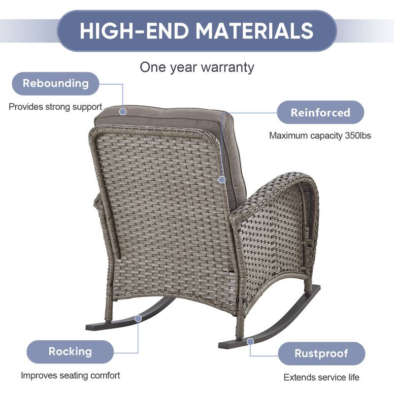 PlainCurve 3-Piece Wicker Outdoor Patio Conversation Set with Rocking Chairs and Olefin Cushions