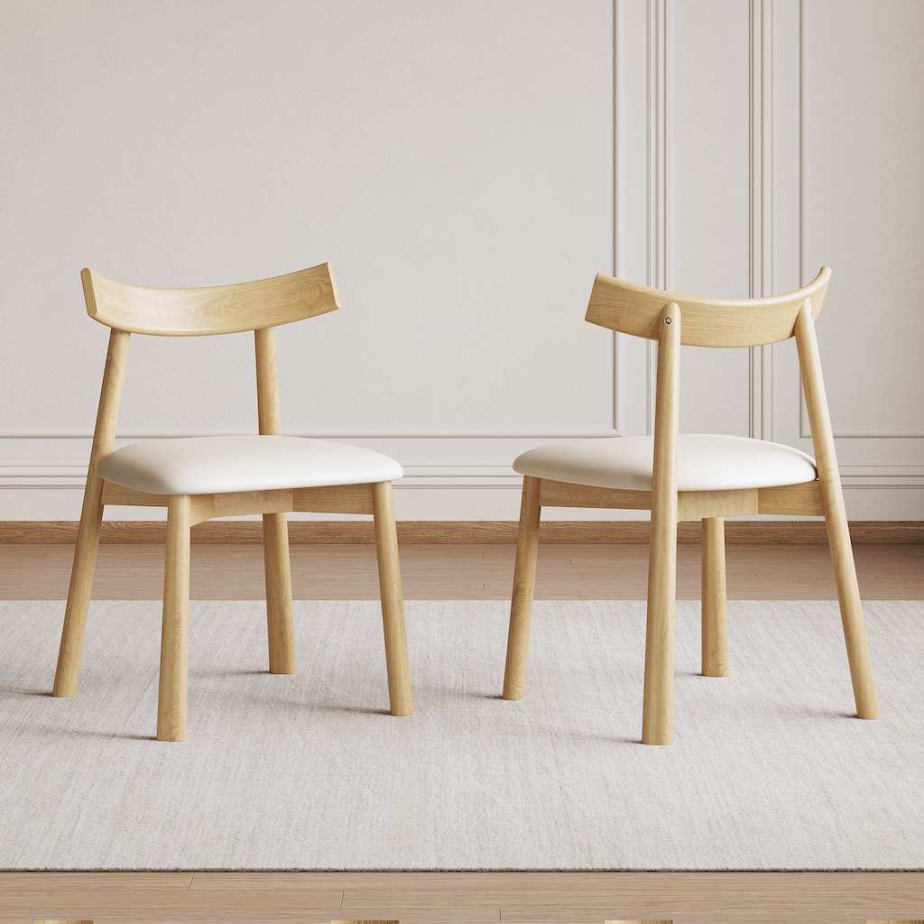 Minimalist Upholstered Dining Chair Set of 2 Wooden Dining Room Chairs Accent Chair with Faux Leather Seat and Open Backrest