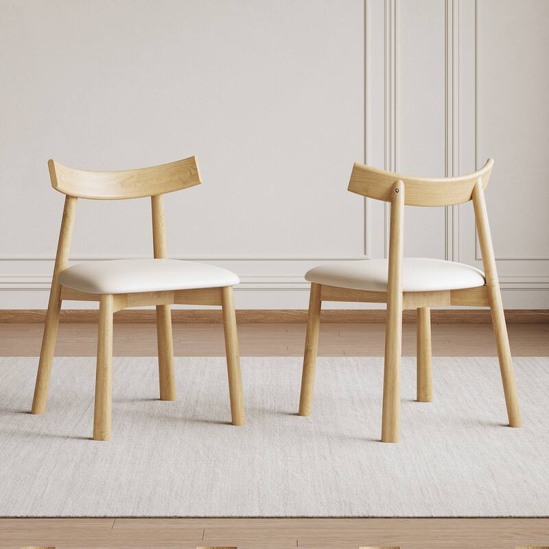 Roomfitters Set of 2 Modern Dining Chairs, Ergonomic Armless Kitchen Chairs with Curved Backrest and Leather Cushions - Natural