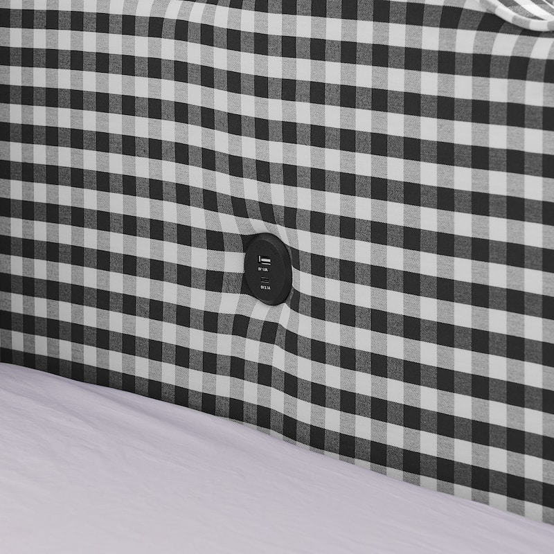 Full/Queen Gingham Daybed with 2 Storage Drawers, USB Port & Wave Shaped Linen Fabric