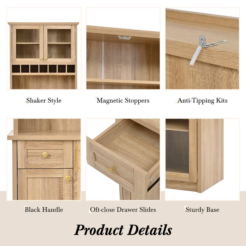 35.4 Inch Farmhouse Buffet, Freestanding Hutch with Wine Rack & Adjustable Shelves, Tall Pantry Storage Cabinet