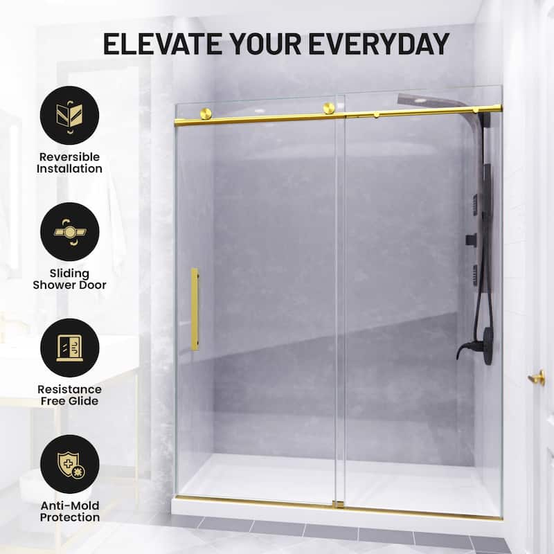 Mountain 60-inch Reversible Frameless Sliding Deco-Glass Shower Door with Soft-Close System
