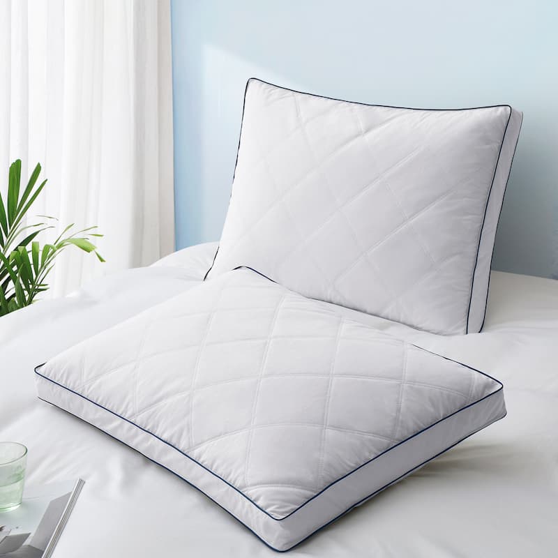 Gusseted Quilted Goose Feather Down Bed Pillow Cotton Cover Set of 2 - White