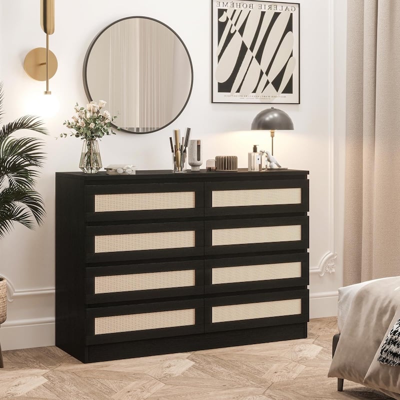 Rattan Dresser for Bedroom, Closet, Wooden Dresser with 8 Drawers, Modern Chest of Drawers with Large Storage - Black