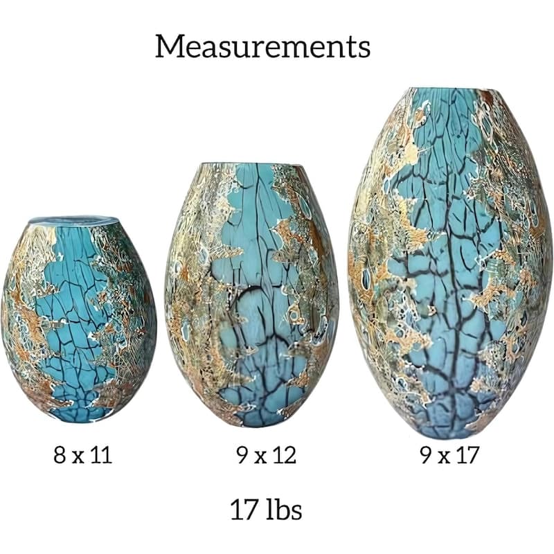 Teal Handblown Glass Oval Vases Set of Three with Gold Detailing