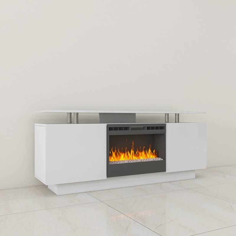 High Gloss TV Stand with Fireplace and Flame Color Changes