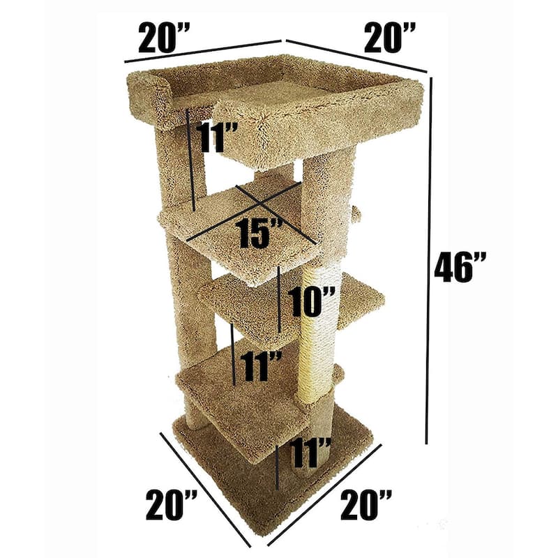 Solid Wood 4-Level Cat Tree with Plush Perches and Sisal Scratching Posts for Multiple Cats