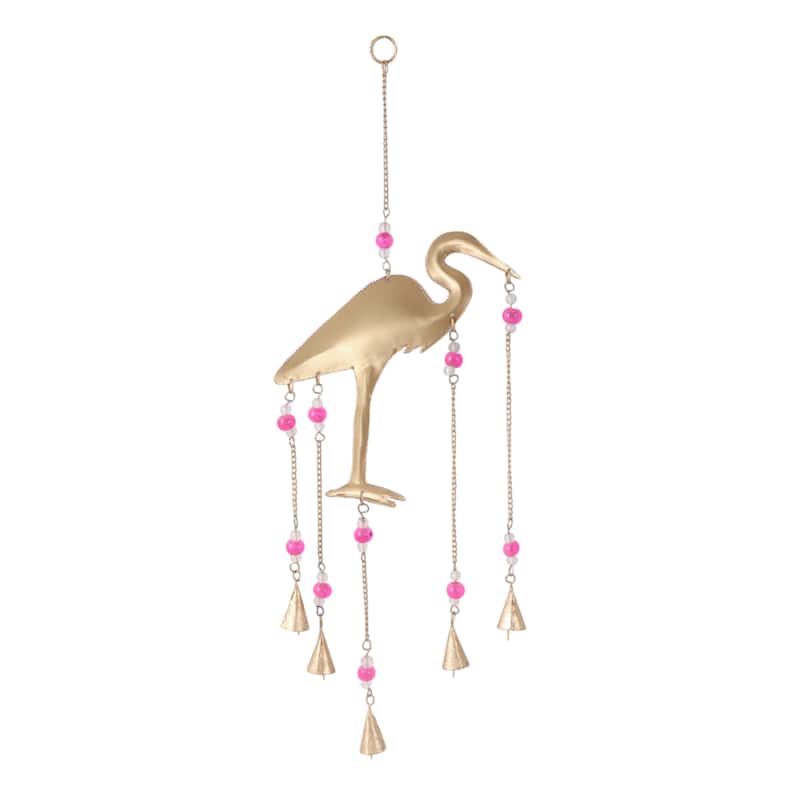 Metal Beaded Mosaic Glass Flamingo Chime with Gold Bells - 22" Pink - 10" x 1" x 22"