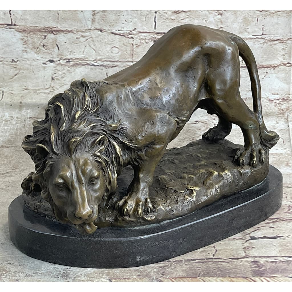 Lion Stalking Prey Hot Cast Bronze Sculpture Statue Art By Antoine Barye On Marble Base
