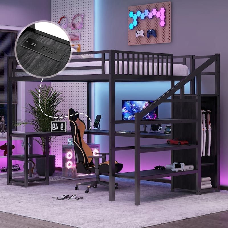 Iron Storage Loft Bed with Wardrobe and Shelves, L Shaped Desk with Charging Station, Heavy Duty Metal Loft Bed Frame