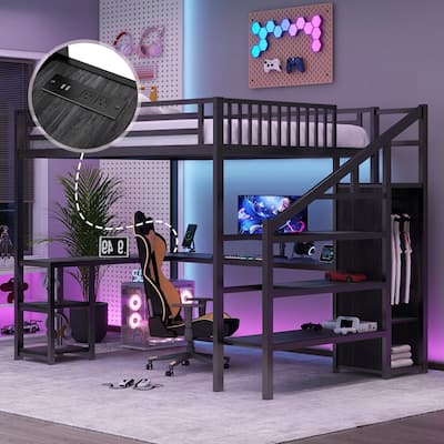 Metal Queen Loft Bed with Wardrobe and LED Light, Queen Size Loft Bed with L Shaped Desk and USB for Kids Teens Adults
