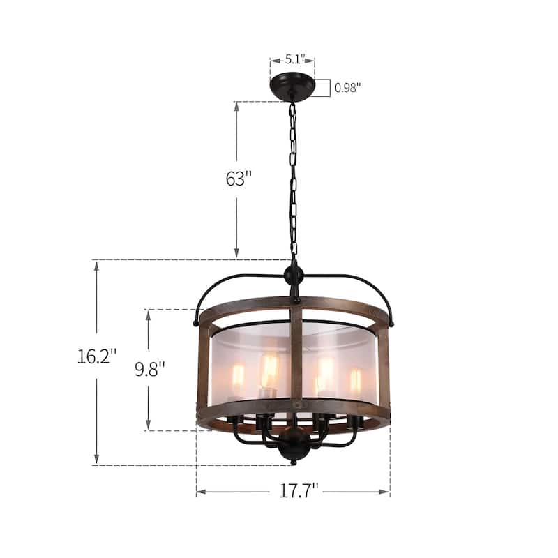 6 - Light Lantern Round Texture Drum Shade Wood Metal Frame Island Pendant Lamp Rustic