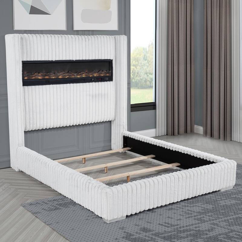 Best Master Furniture Noemie Luxe Modern Upholstered Velvet Panel Bed with Integrated Fireplace Display