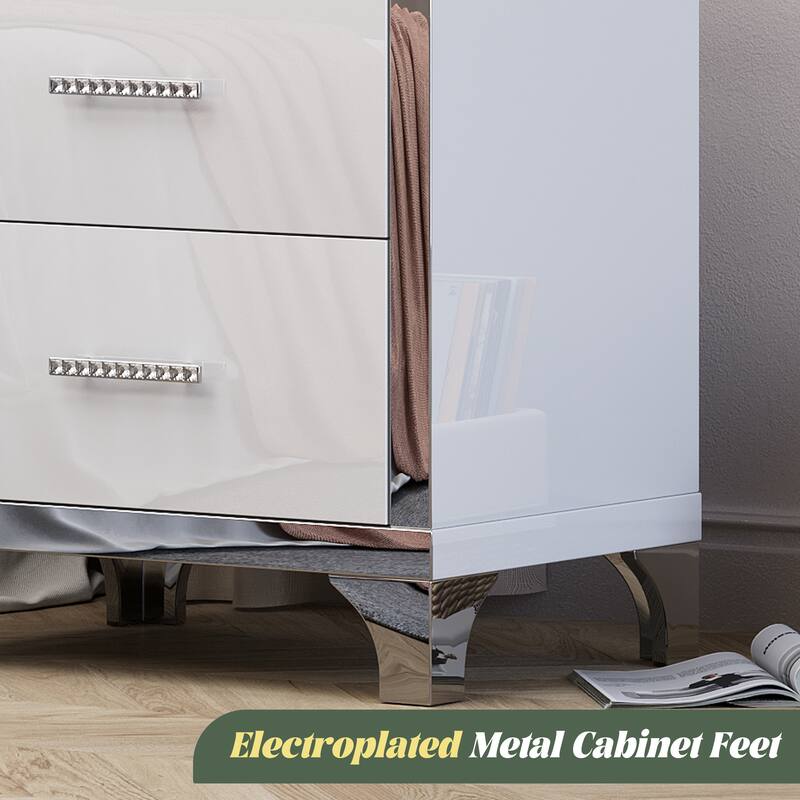 High Gloss Mirrored Nightstand with 2 Drawers,Modern End Table with Drawers,Mirrored High Gloss Wood Nightstand Metal Handle