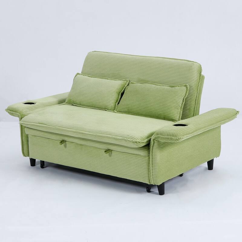 65.74-inch Green Corduroy Multi-functional Sofa Bed with Adjustable Armrests and Backrests