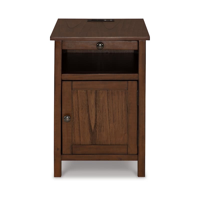 Gena Side End Table, Shelf and Pull Out Tray, Brown Solid Wood 24 Inch