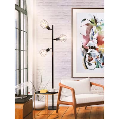 Brightech Robin 64 in. Classic Black Industrial 3-Light Adjustable LED Floor Lamp with 3 Black Metal Cage Shades