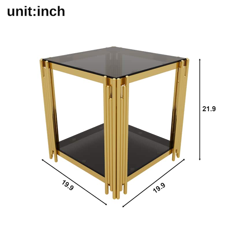 19.9" Modern Transparent Glass End Table for Living Room, Square,Asymmetrical Metal, Gold Finish & Lower Shelf