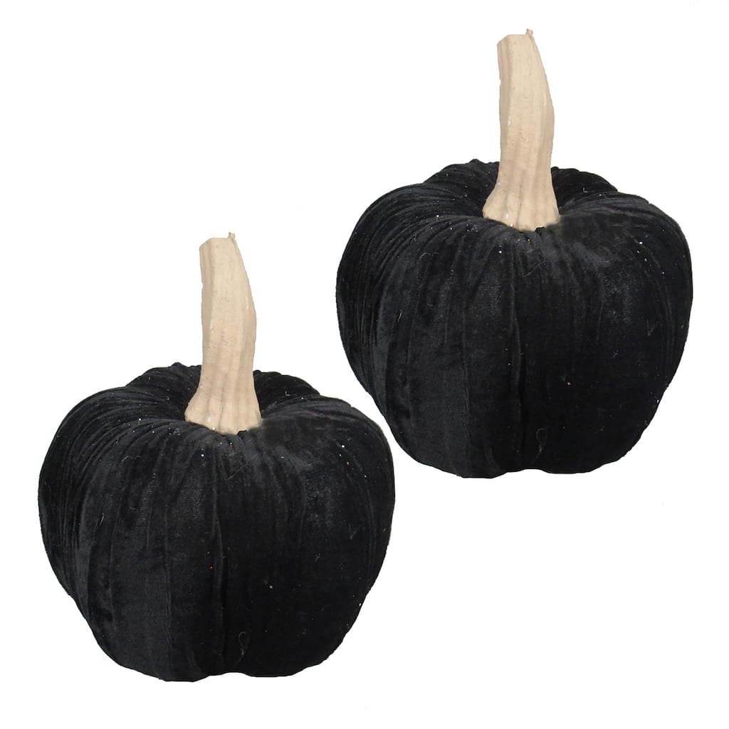 Set of 2, 9.5" Black Velvet Pumpkin Large, for Holiday Halloween Decor