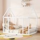 preview thumbnail 6 of 25, Wooden Floor Bed with House Roof Frame and Safety Guardrails,Twin/Full Size White - Full