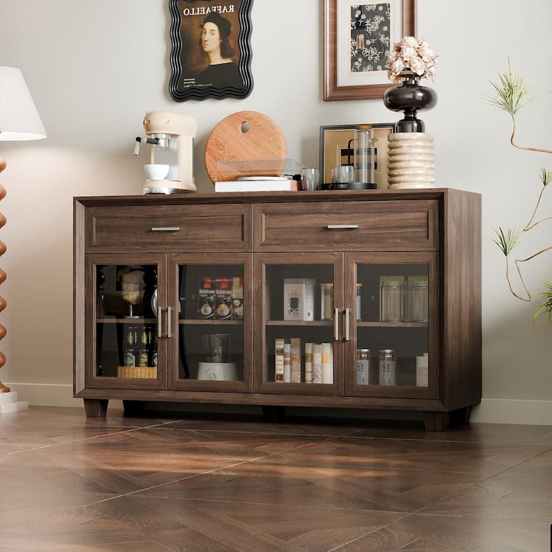 Glass Storage Cabinet with Doors,TV Stand for Living Room,Pantry,Brown/White