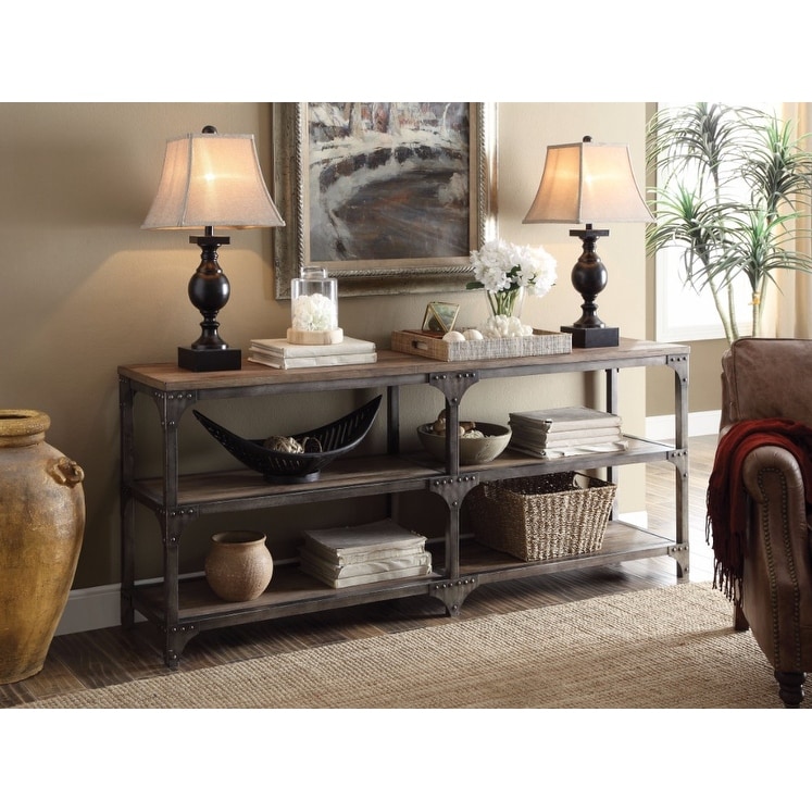 Gorden Console Table With 4 Shelves, Weathered Oak & Antique Silver