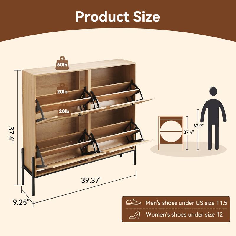 Space-Saving Rattan Shoe Cabinet with 4 Flip-Down Doors-Elegant Narrow Storage for Entryways & Hallways