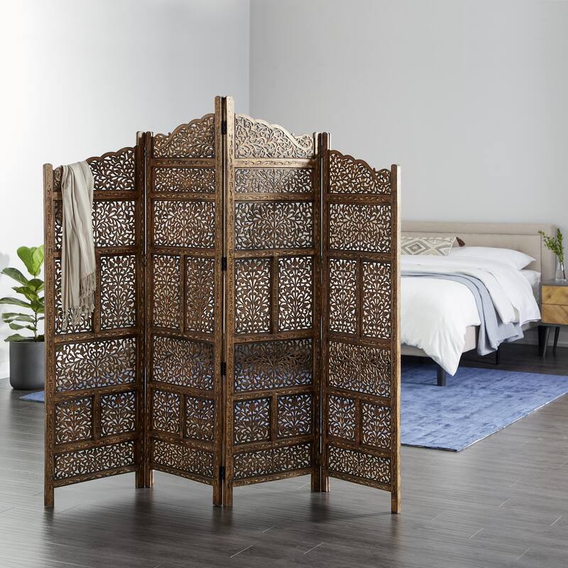Wooden Floral Handmade Foldable Arched 4 Panel Room Divider Screen with Intricately Carved Designs - Brown - Roche River Decor