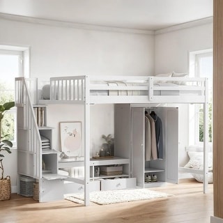 Multi-Functional Full Size Loft Bed Frame with Wardrobe, Low Storage Table and Storage Staircase, Health & Safe, White