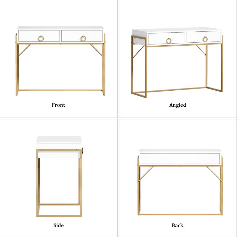 Anmytek Modern Computer Desk White Gold Vanity Desk Study Writing Table with 2 Drawers for Home Office