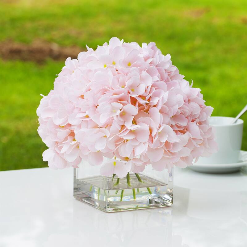 Enova Home Artificial Silk Hydrangea Fake Flowers Arrangement in Cube Glass Vase with Faux Water for Home Office Decoration