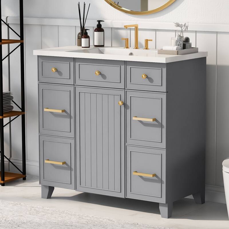 Modern 36-Inch Free-Standing Vanity with Single Sink, Storage Drawers & Adjustable Shelf