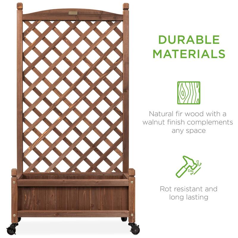 Set of 2 48in Wood Planter Box & Diamond Lattice Trellis, Mobile Outdoor Raised Garden Bed for Climbing Plants w/Drainage Holes