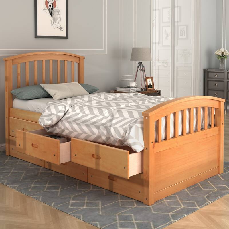 Twin Bed with Storage, Twin Size Daybed with 6 Drawers, Wood Storage Bed Frame, Twin Size Platform Bedframe, Solid Wood Bedframe