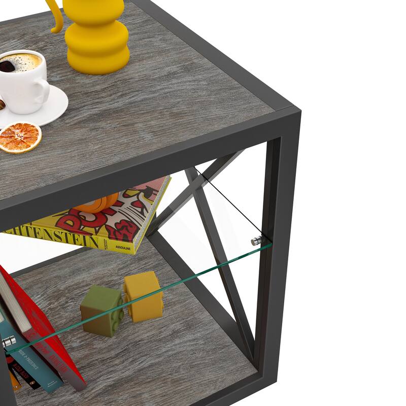 1 piece Modern End Table Nightstand, Tempered Glass&Natural Wood MDF Top ,Industrial Style Side Table