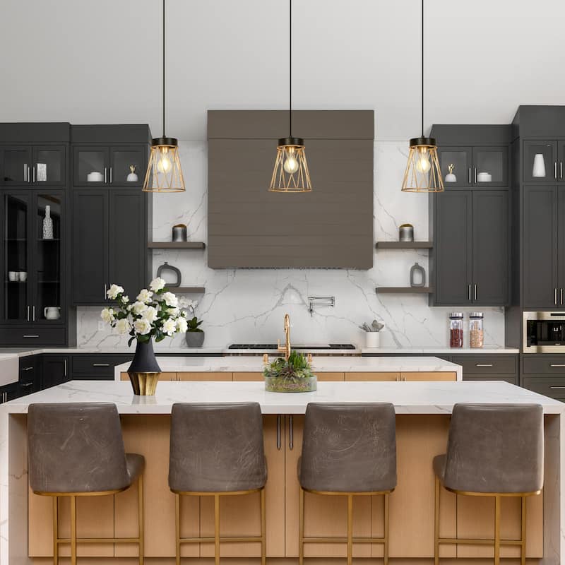 Modern Industrial 1-light Black Gold Pendant Light Cage Bent Linear Design Kitchen Island Light for Dining Room - 7.1" W × 9.1"H