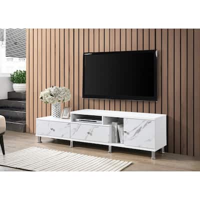 1pc Modern Sleek White Finish Faux Marble Accents Silver-tone Legs TV Stand Console Living Room Furniture
