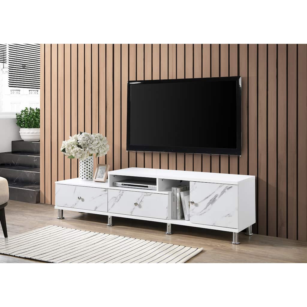 1pc Modern Sleek White Finish Faux Marble Accents Silver-tone Legs TV Stand Console Living Room Furniture
