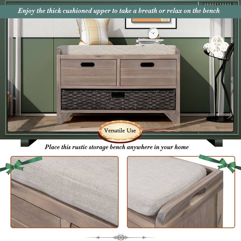 Rustic Storage Bench with Removable Cushion, Basket & Drawers - Ideal for Farmhouse Decor