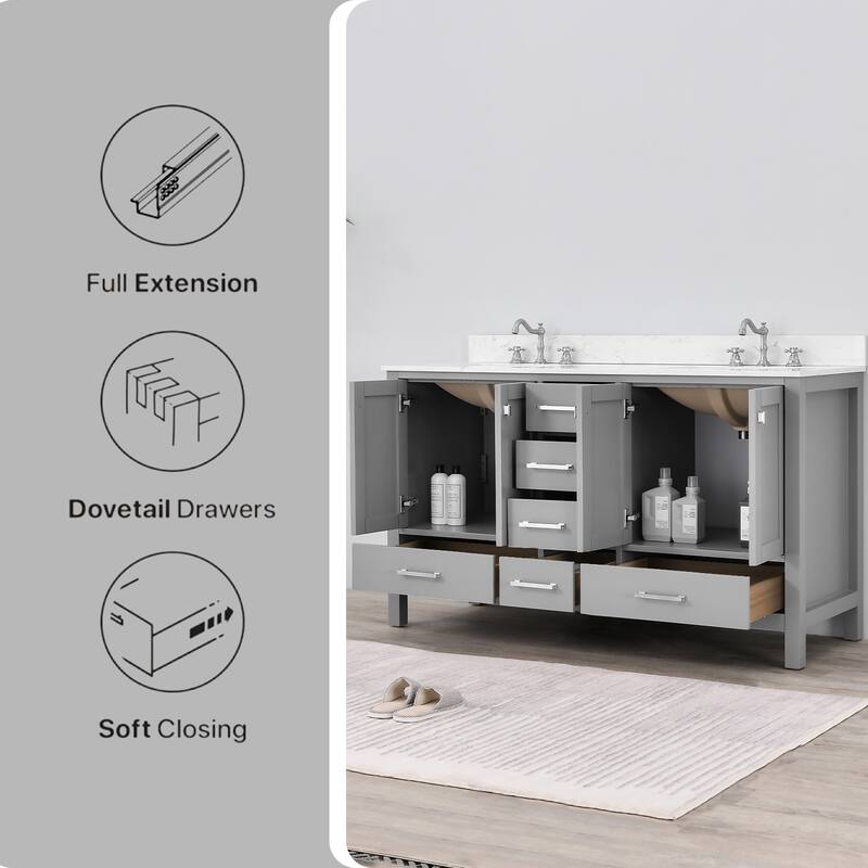 OpalithD 60 in. Bathroom Vanity with Double Sinks, Wood Bath Cabinet with Top