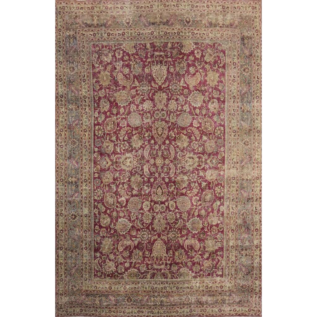 Hand Knotted Oriental 100% Wool Carpet Traditional Floral Pink Mashad Area Rug - 13' 5'' X 9' 6''