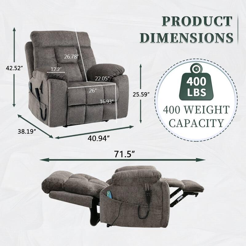 Flagship Oversized Velvet Power Lift Recliner - Recliner Chair with Massage,Heating and Assisted Standing