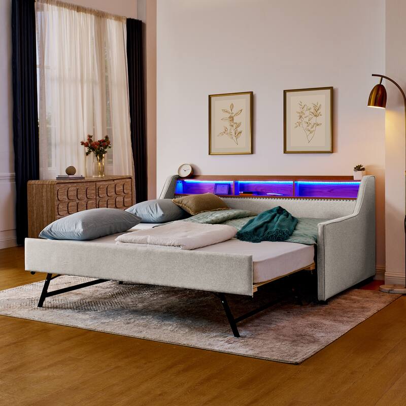 Anmytek Twin Size Trundle Sofa Bed with Storage Adjustable Headboard 3 LED Lights Wireless Charging