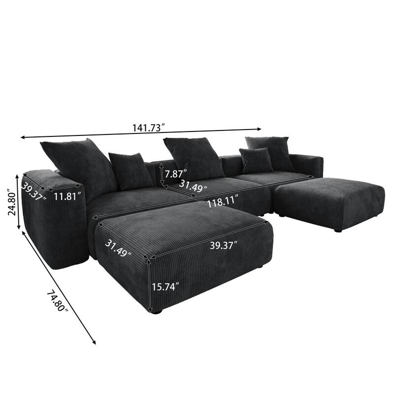 141''Modular Sectional Sofa, Corduroy 5 Seater Upholstered Sofa Couch with 5 Pillows, Convertible Couch Deep Seat Couches