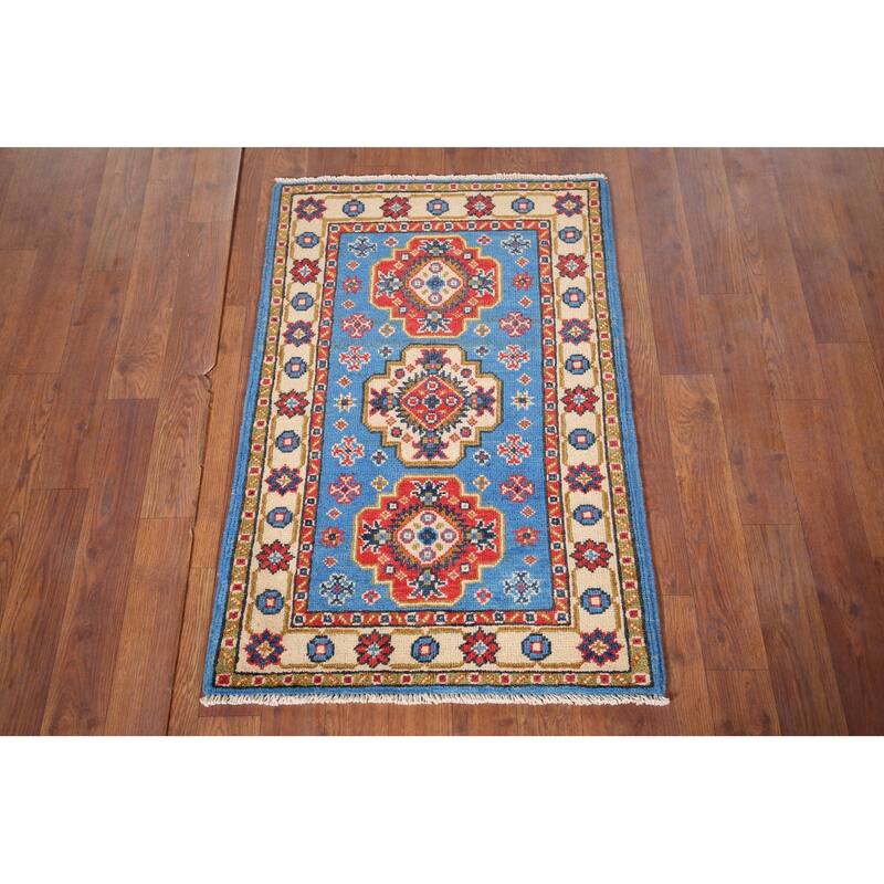Blue Geometric Kazak Foyer Rug Hand-Knotted Wool Carpet - 2'0" x 2'11"