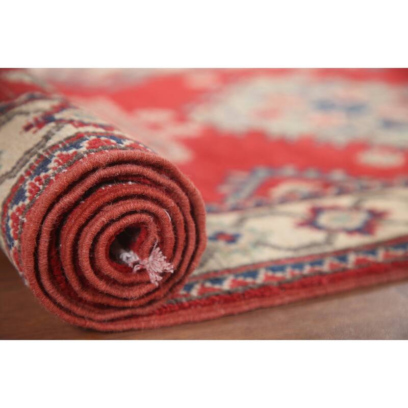 Hand Knotted Oriental 100% Wool Carpet Traditional Geometric Red Kazak Runner Rug - 9' 3'' X 2' 9''