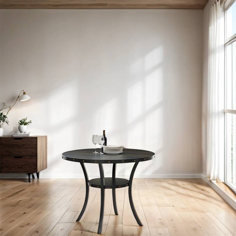 Espresso Wood Counter Height Nailhead Round Dining Table - Black