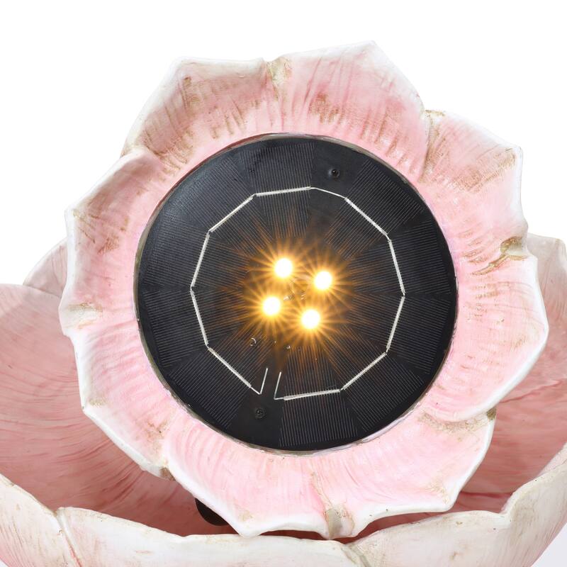 Solar Powered Pink Flower 2-Tier Resin Birdbath Fountain with Lights